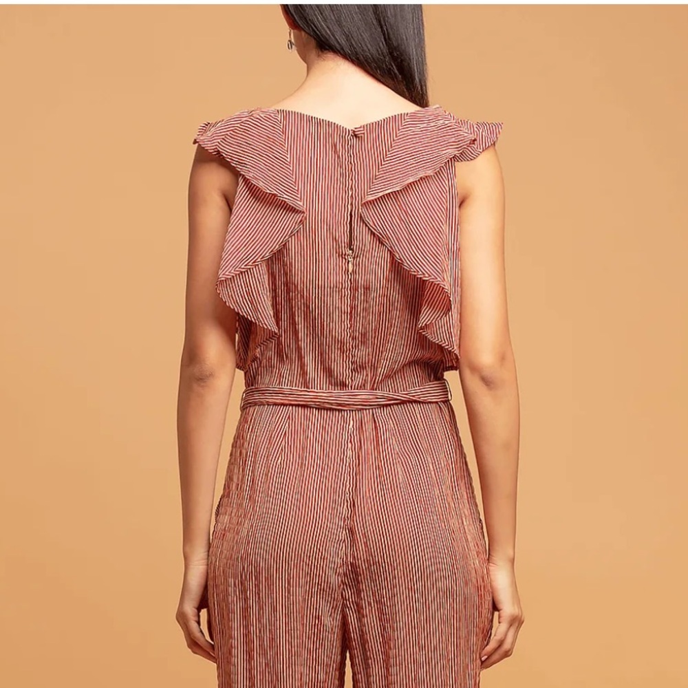 Anthropologie Eva Franco Ruffle Striped Jumpsuit in Terracotta Small Pockets - Picture 12 of 16